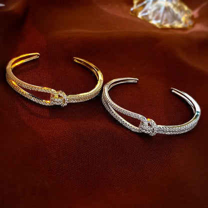 Elegant Golden Knot Cuff | Exquisite Full Zircon Minimalist Bangle for Weddings & Special Occasions