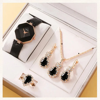 5-Piece Rhinestone Watch & Jewellery Set | Women's Quartz Watch with Necklace, Ring & Earrings