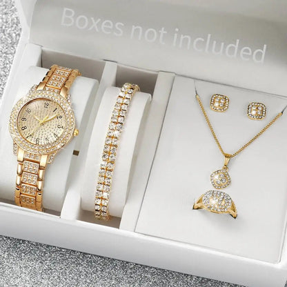6-Piece Rhinestone Watch & Jewellery Set | 32mm Quartz Watch, Necklace, Bracelet, Ring & Earrings