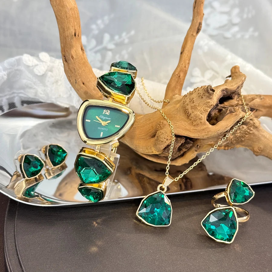 4-Piece Colourful Crystal Watch & Jewellery Set | Irregular Shape Quartz Watch, Necklace, Ring & Earrings