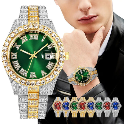 Rhinestone Calendar Watch | 42mm Roman Numeral Dial, Stainless Steel, 20mm Alloy Band
