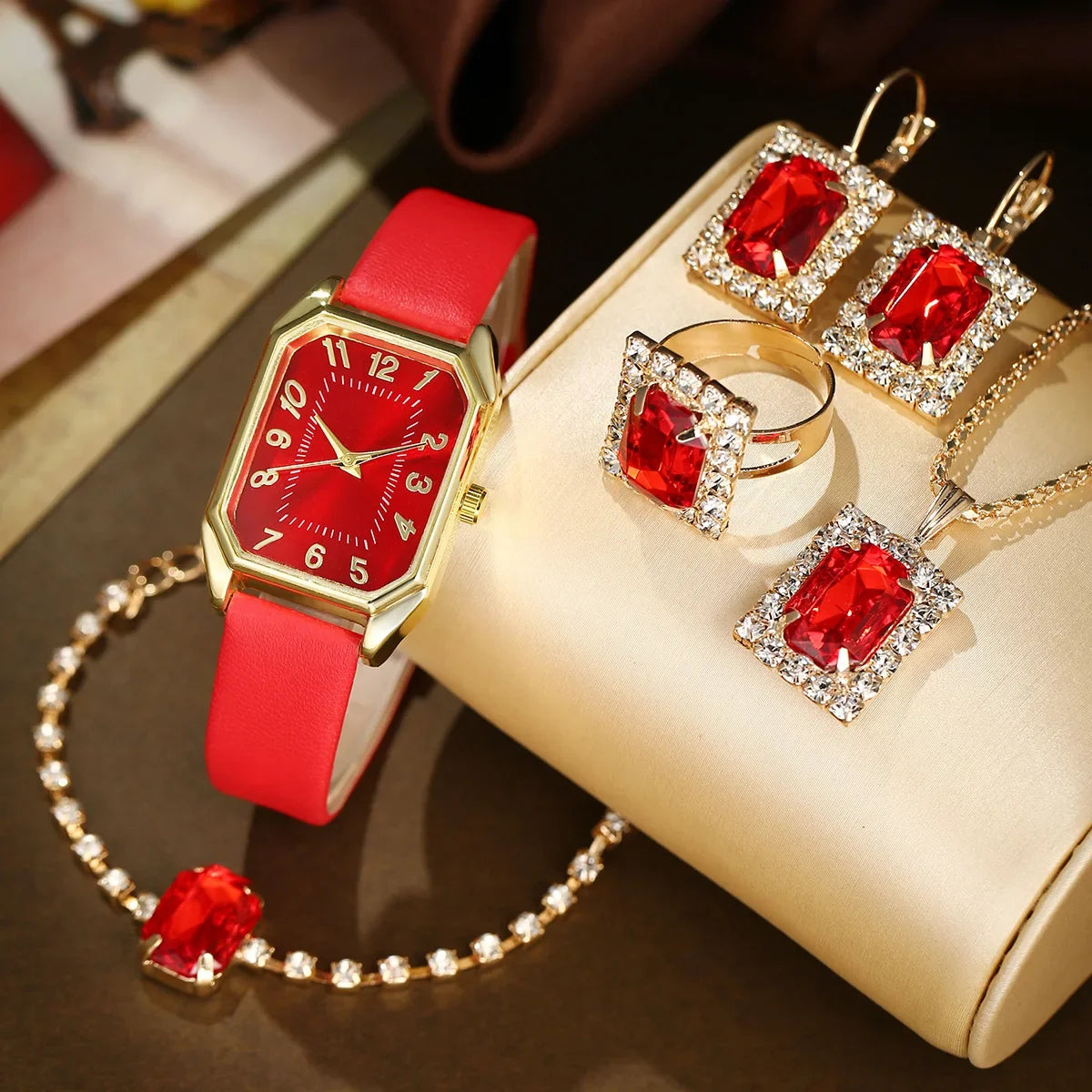 6-Piece Square Watch & Jewellery Set | 29mm Quartz Watch with Leather Strap, Necklace, Bracelet, Ring & Earrings