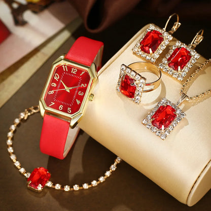 6-Piece Square Watch & Jewellery Set | 29mm Quartz Watch with Leather Strap, Necklace, Bracelet, Ring & Earrings