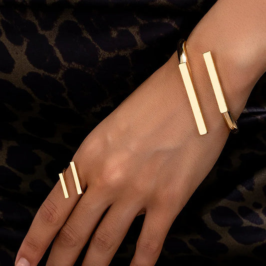 2pcs Geometric Open Bracelet & Ring Set for Women | Silver & Gold-Tone Fashion Jewellery