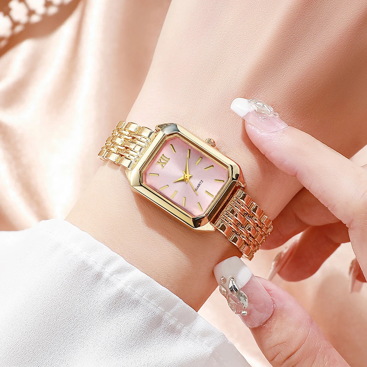 6-Piece Rectangle Watch & Heart Jewellery Set | 27mm Roman Numeral Quartz Watch, Necklace, Bracelet, Ring & Earrings