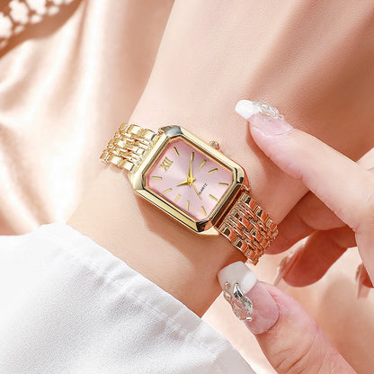 6-Piece Rectangle Watch & Heart Jewellery Set | 27mm Roman Numeral Quartz Watch, Necklace, Bracelet, Ring & Earrings