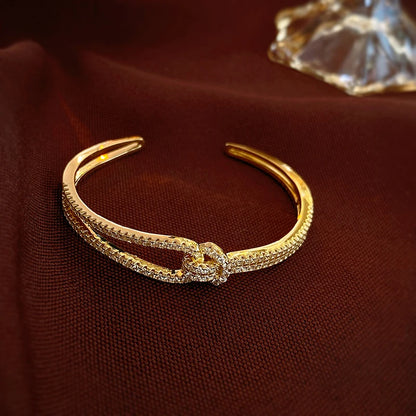 Elegant Golden Knot Cuff | Exquisite Full Zircon Minimalist Bangle for Weddings & Special Occasions