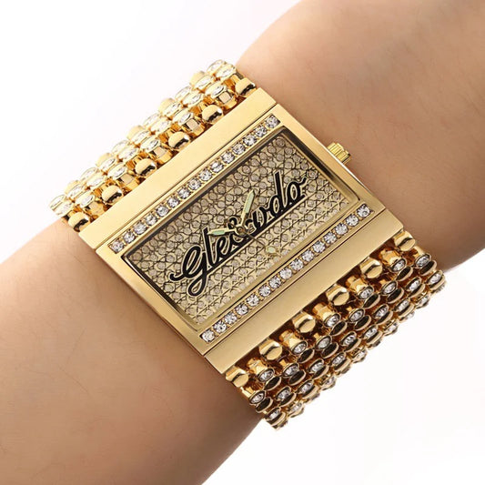 Golden Statement Cuff Watch | Bold Square Minimalist Bangle Timepiece