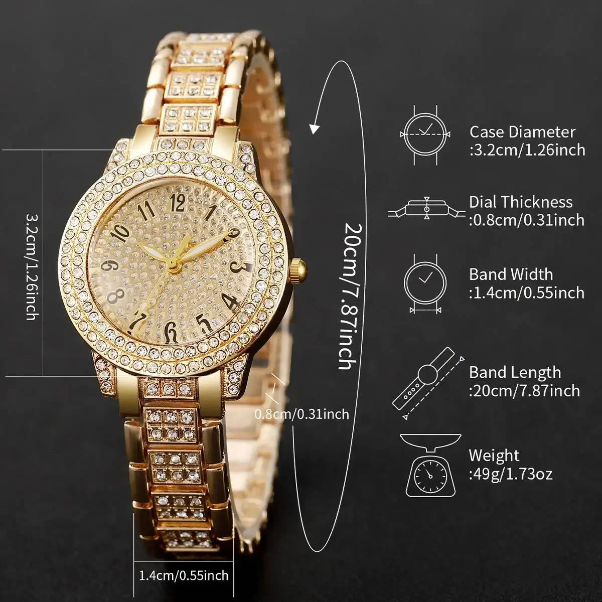 6-Piece Rhinestone Watch & Jewellery Set | 32mm Quartz Watch, Necklace, Bracelet, Ring & Earrings
