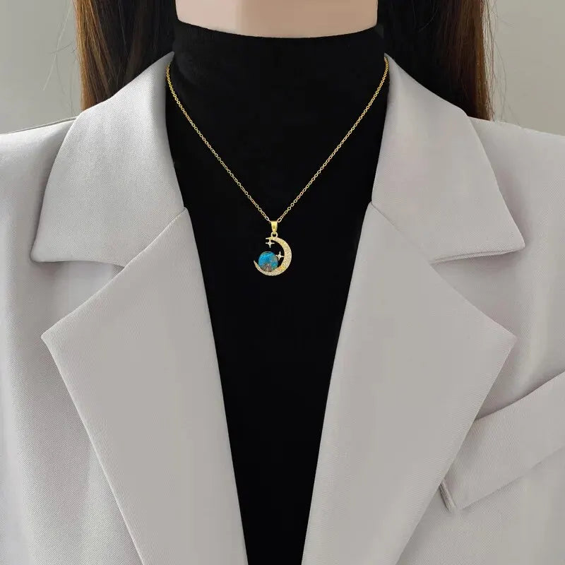 Star, Moon & Astronaut Pendant Necklace | Waterproof Titanium Steel with Zircon