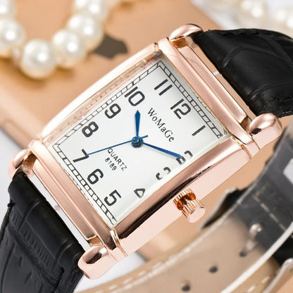 Rose Gold Square Watch | 28mm Arabic Numeral Dial with PU Leather Strap