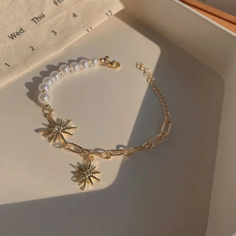 Heart, Star & Pearl Charm Bracelet | Copper & Zinc Alloy, 15g, Secure Lock Closure