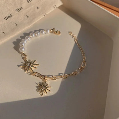 Heart, Star & Pearl Charm Bracelet | Copper & Zinc Alloy, 15g, Secure Lock Closure
