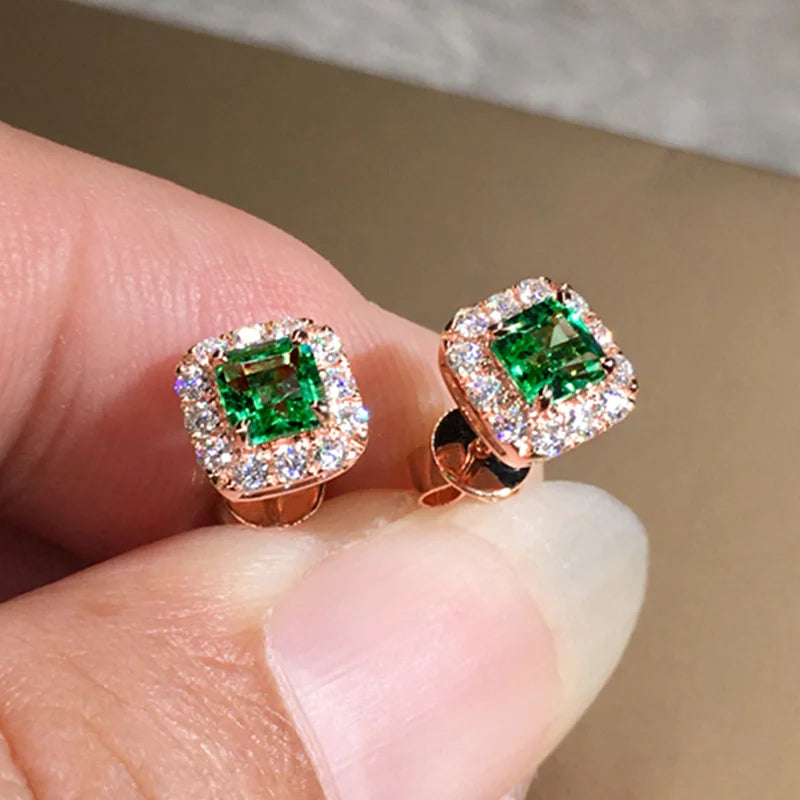 Green Cubic Zirconia Halo Stud Earrings | Gold-Tone Brass, Push-Back, 2.8g