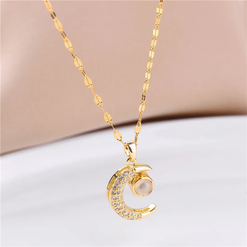 Crescent Moon Projection Pendant Necklace | Rhinestone 316L Stainless Steel Clavicle Chain