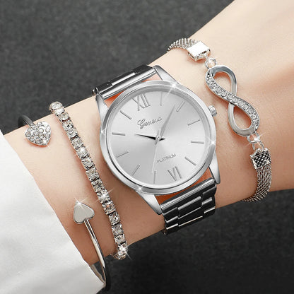 4-Piece Rhinestone Watch & Stackable Bracelet Set | 36-38mm Quartz Watch with 3 Bracelets