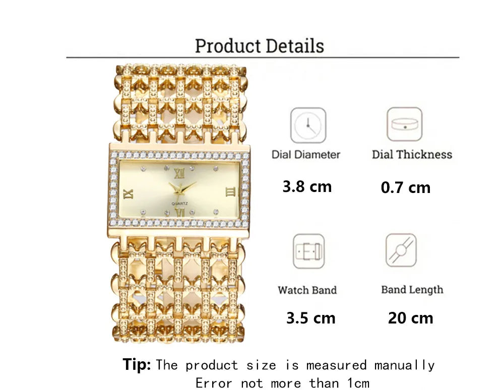 Gold-Tone Skeleton Cuff Watch | 35mm Wide Openwork Bangle with Square Rhinestone Dial
