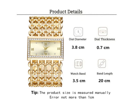 Gold-Tone Skeleton Cuff Watch | 35mm Wide Openwork Bangle with Square Rhinestone Dial