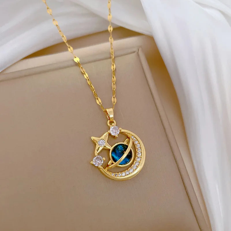 Star, Moon & Astronaut Pendant Necklace | Waterproof Titanium Steel with Zircon