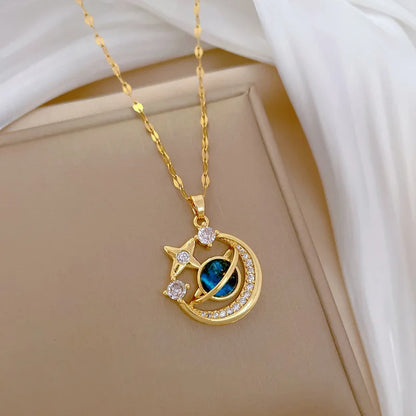 Star, Moon & Astronaut Pendant Necklace | Waterproof Titanium Steel with Zircon