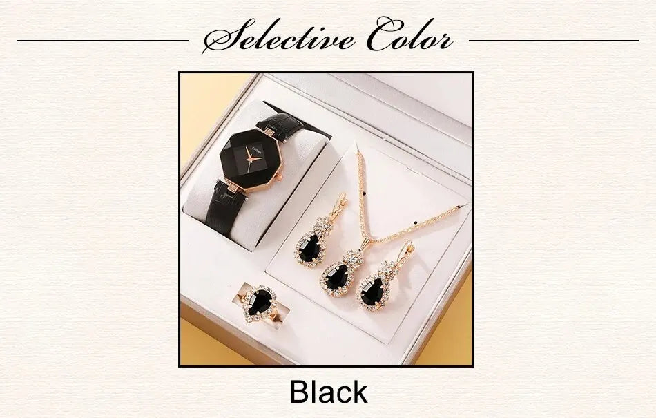 5-Piece Rhinestone Watch & Jewellery Set | Women's Quartz Watch with Necklace, Ring & Earrings