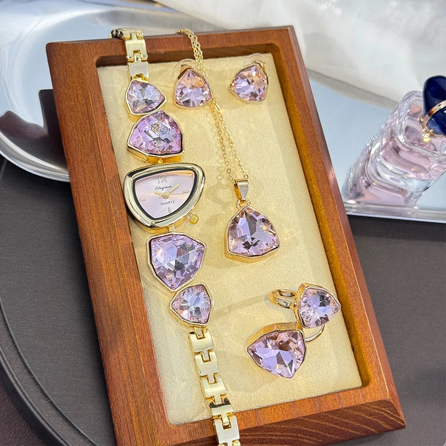 4-Piece Colourful Crystal Watch & Jewellery Set | Irregular Shape Quartz Watch, Necklace, Ring & Earrings