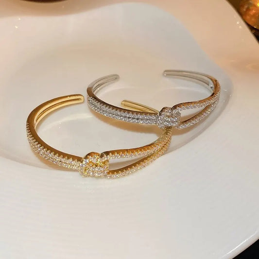 Elegant Golden Knot Cuff | Exquisite Full Zircon Minimalist Bangle for Weddings & Special Occasions