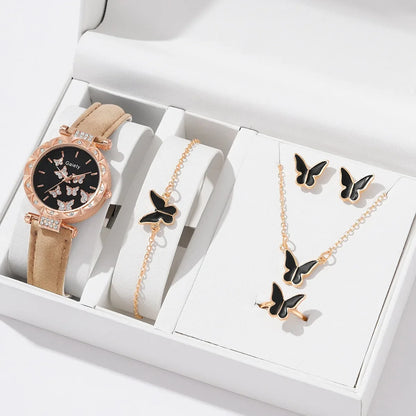 6-Piece Butterfly Watch & Jewellery Set | 33mm Numberless Dial, PU Leather Strap, Necklace, Bracelet, Ring & Earrings
