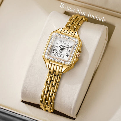 Rhinestone Square Watch | Gold-Tone Roman Numeral Dial & Slim Alloy Bracelet