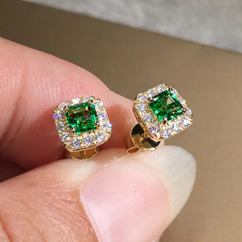 Green Cubic Zirconia Halo Stud Earrings | Gold-Tone Brass, Push-Back, 2.8g