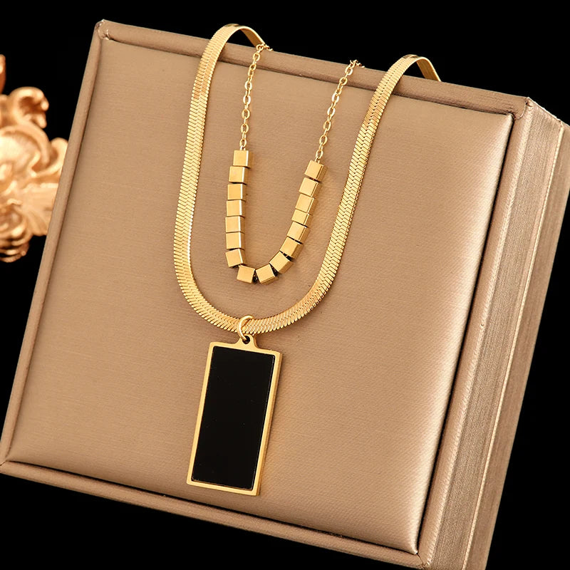 2-Layer Tiger Stripe Pendant Necklace | Waterproof 316L Stainless Steel, Round & Square Pendants