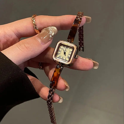Vintage Square Amber-Tone Watch | 22mm Roman Numeral Stainless Steel Bracelet