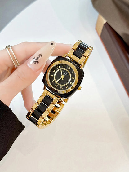 Square Amber Dial Watch | Stainless Steel Bracelet with Date Calendar & Arabic Numerals