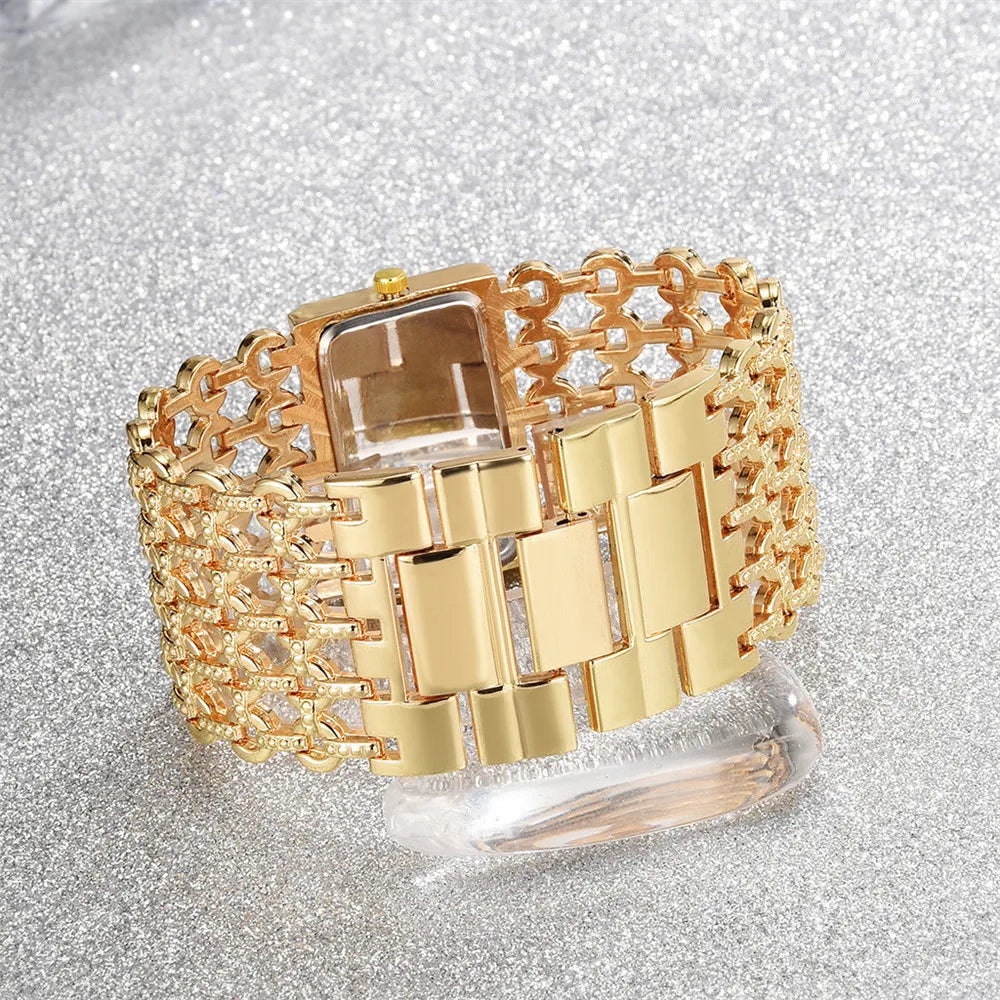Gold-Tone Skeleton Cuff Watch | 35mm Wide Openwork Bangle with Square Rhinestone Dial