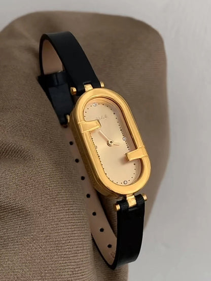 Irregular Minimalist Watch | Gold-Tone 24mm Numberless Dial with Slim Leather Strap & Japanese Quartz