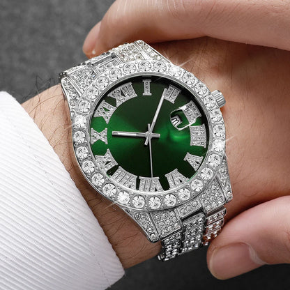 Rhinestone Calendar Watch | 42mm Roman Numeral Dial, Stainless Steel, 20mm Alloy Band