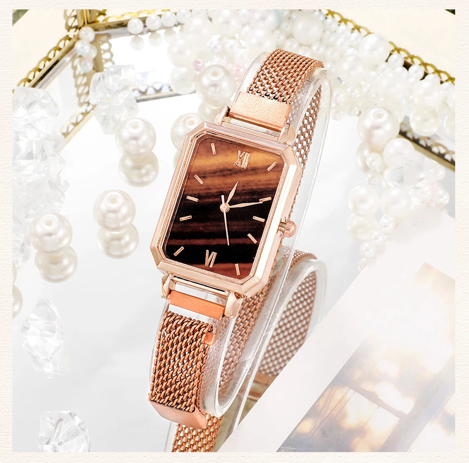 Green Dial Square Watch | Rose Gold Mesh Strap, 24mm, Roman Numerals, Quartz