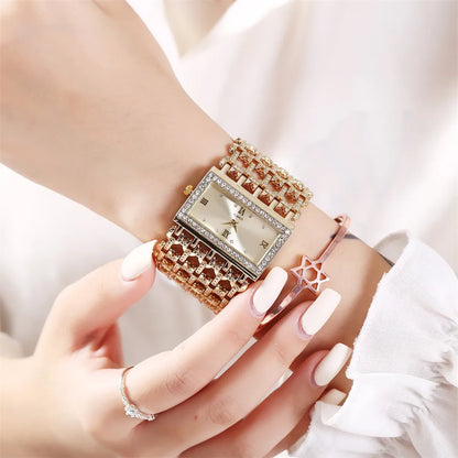 Gold-Tone Skeleton Cuff Watch | 35mm Wide Openwork Bangle with Square Rhinestone Dial