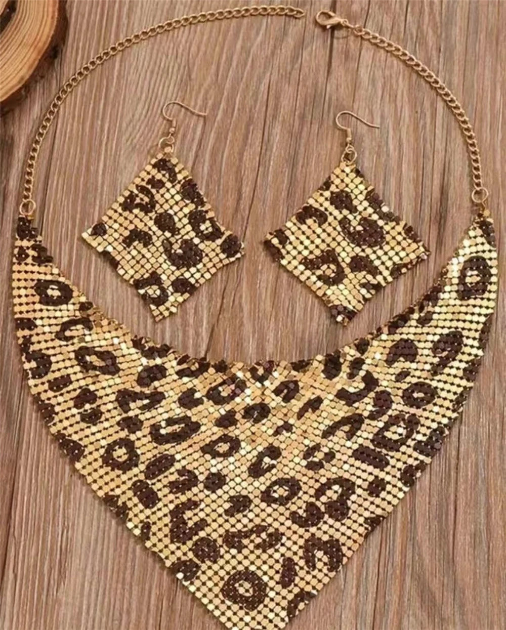 Leopard Print Faux-Leather Bib Necklace & Dangle Earrings Set