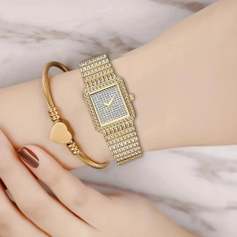 Gold Square Rhinestone Bracelet Watch for Women | Rhinestone Encrusted Quartz Timepiece