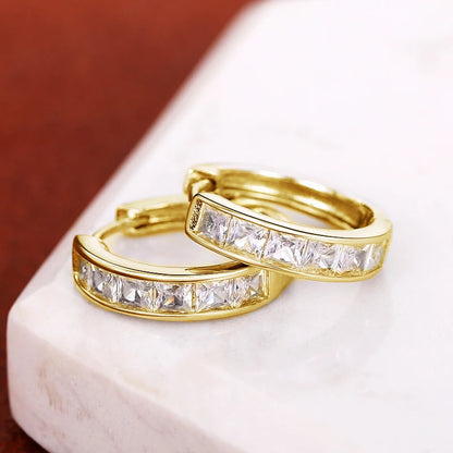 Princess Cut Crystal Hoop Earrings | Elegant Square Cubic Zirconia Gold-Tone Huggies