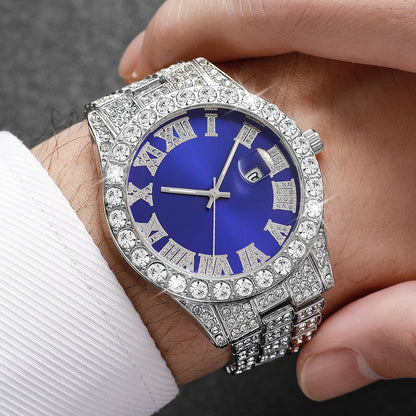 Rhinestone Calendar Watch | 42mm Roman Numeral Dial, Stainless Steel, 20mm Alloy Band
