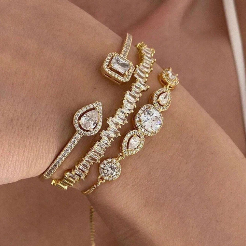 3-Piece Geometric Gold Cuff Bangle Set | AAA+ Cubic Zirconia Prong Setting, Adjustable, Unisex