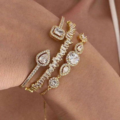3-Piece Geometric Gold Cuff Bangle Set | AAA+ Cubic Zirconia Prong Setting, Adjustable, Unisex