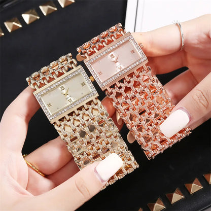 Gold-Tone Skeleton Cuff Watch | 35mm Wide Openwork Bangle with Square Rhinestone Dial