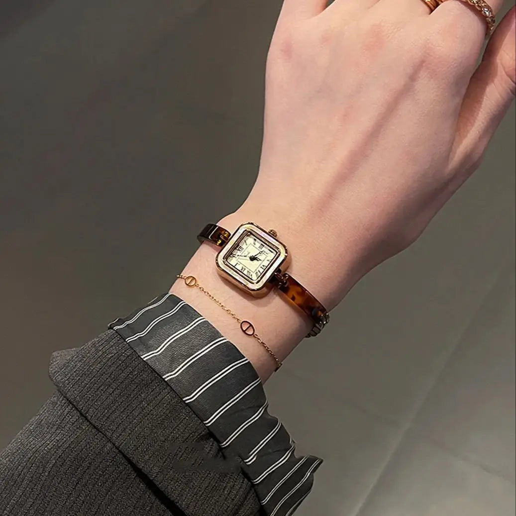 Vintage Square Amber-Tone Watch | 22mm Roman Numeral Stainless Steel Bracelet