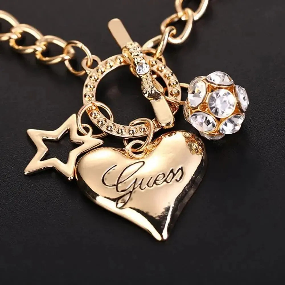 Heart, Star & Pearl Charm Bracelet | Copper & Zinc Alloy, 15g, Secure Lock Closure