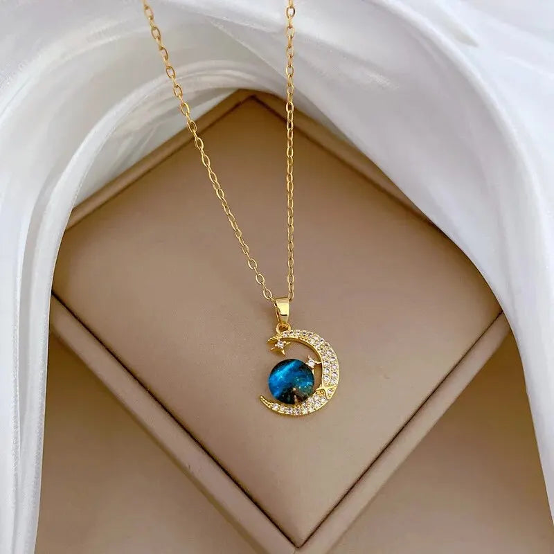 Star, Moon & Astronaut Pendant Necklace | Waterproof Titanium Steel with Zircon