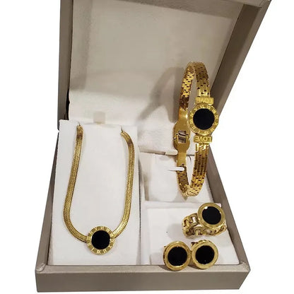 4-Piece Roman Numeral Jewellery Set | 316L Stainless Steel Gold-Tone Necklace, Earrings, Bracelet & Ring