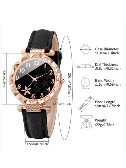 7-Piece Rhinestone Watch Set | 33mm Round Dial with PU Leather Bands in 7 Colours